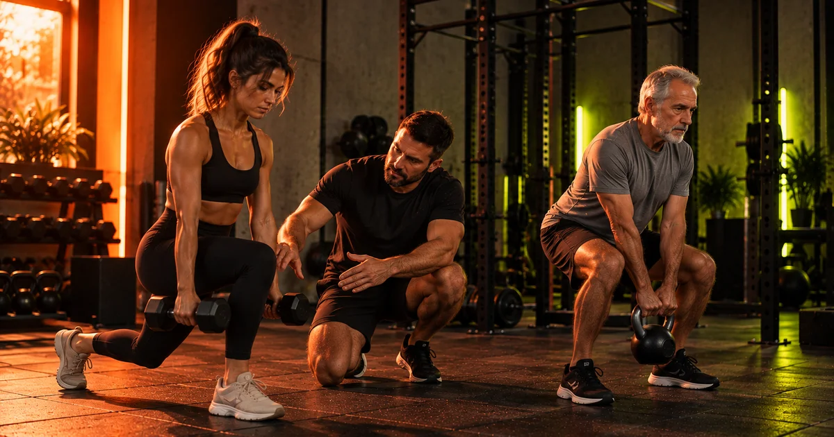 Entrenador guiando a dos personas de distinta edad haciendo fuerza