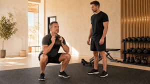 Hombre de más de 40 años entrenando fuerza con la supervisión de un entrenador personal