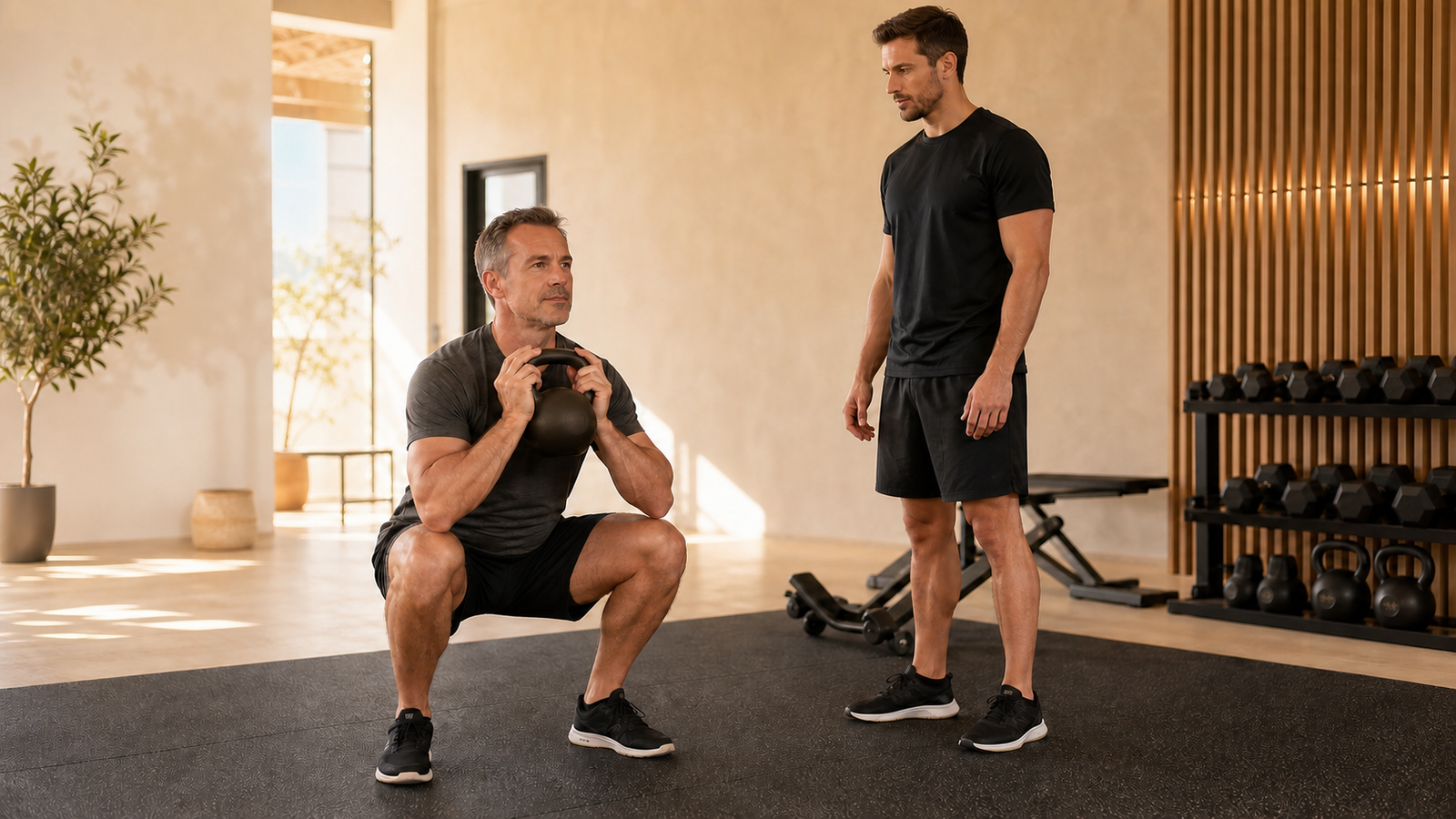 Hombre de más de 40 años entrenando fuerza con la supervisión de un entrenador personal