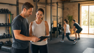 Entrenador explica opciones de entrenamiento personal a una mujer adulta en un estudio de Almería